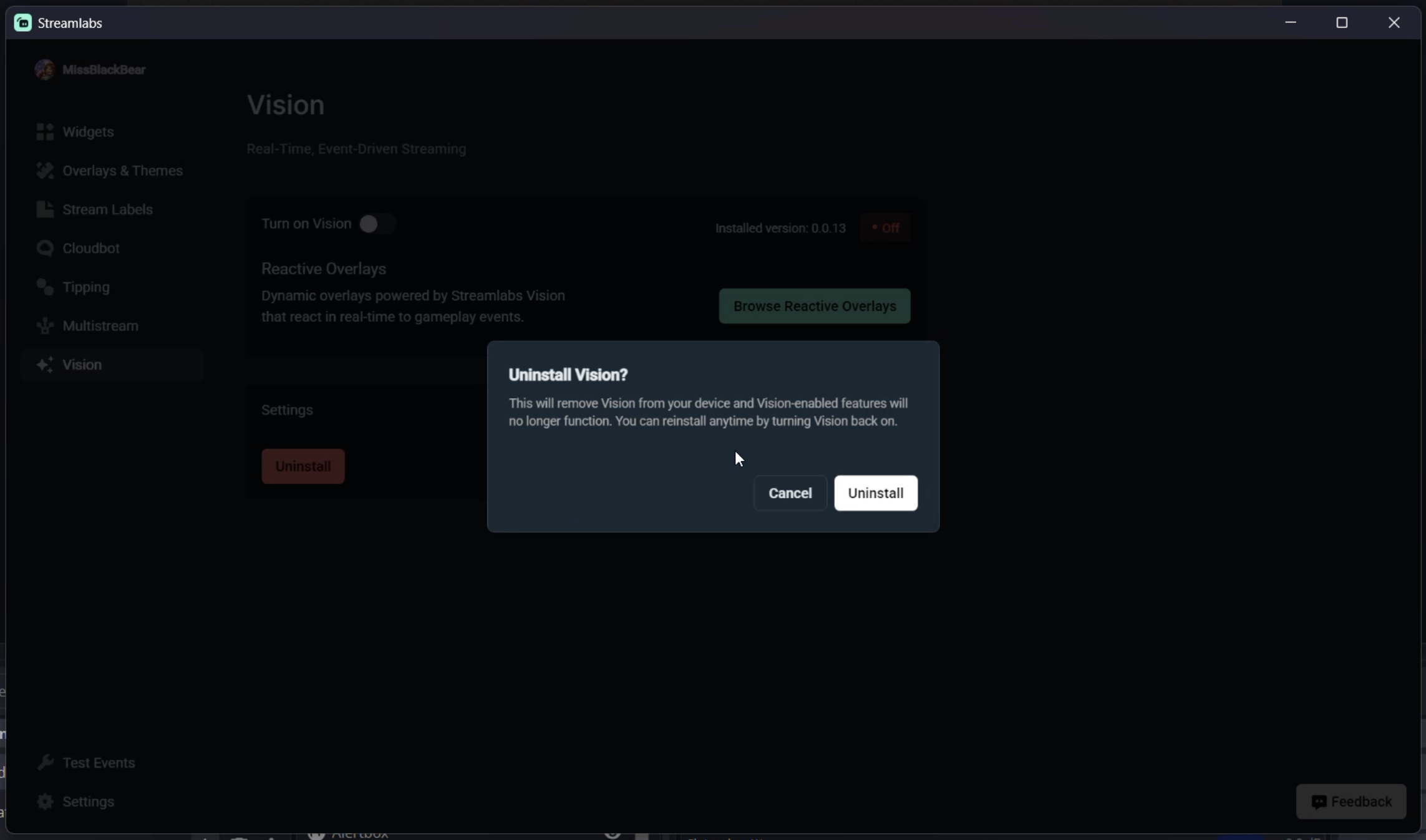 Confirm uninstall of Vision tools in Plugin for OBS